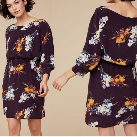 Amour Vert Dresses & Skirts - Amour Vert Purple 100% Silk Arabelle Soirée Purple Floral Blouson Short Dress L